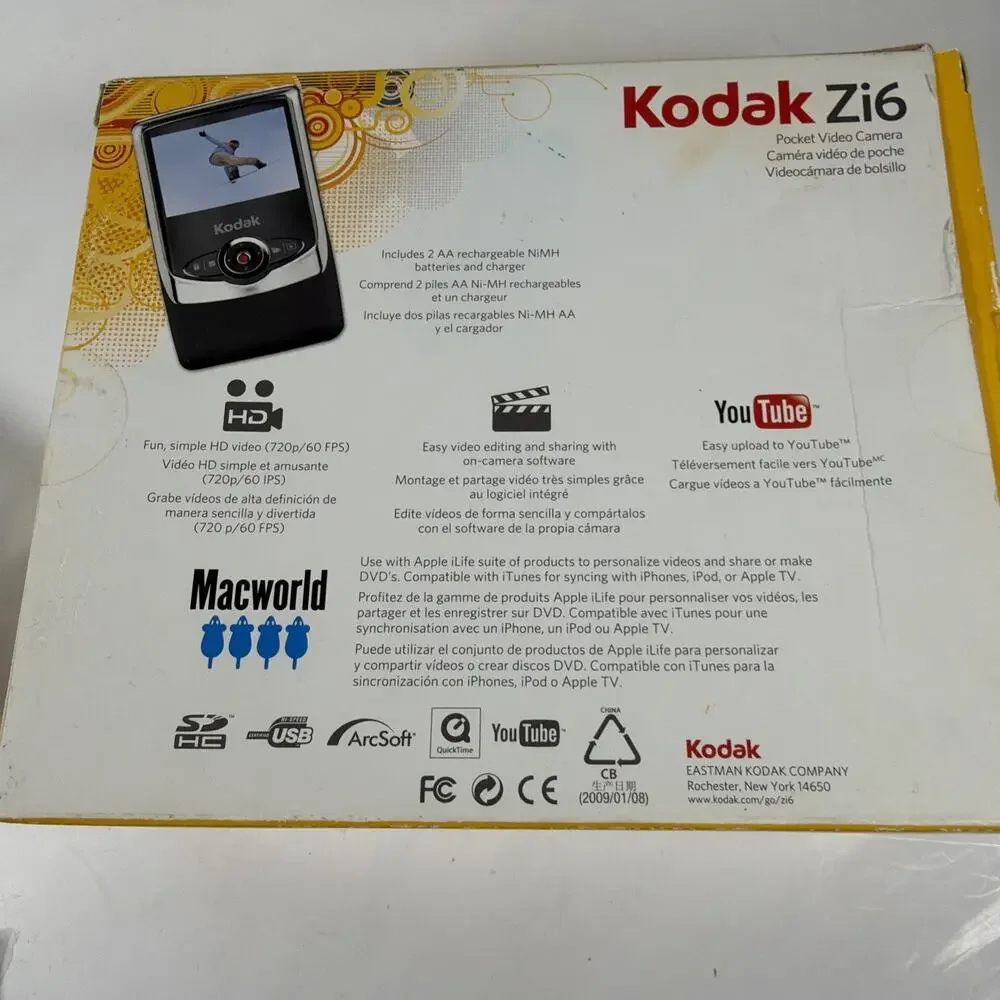 Kodak Zi6 Pocket Video Camera Black 720p HD - New Open Box